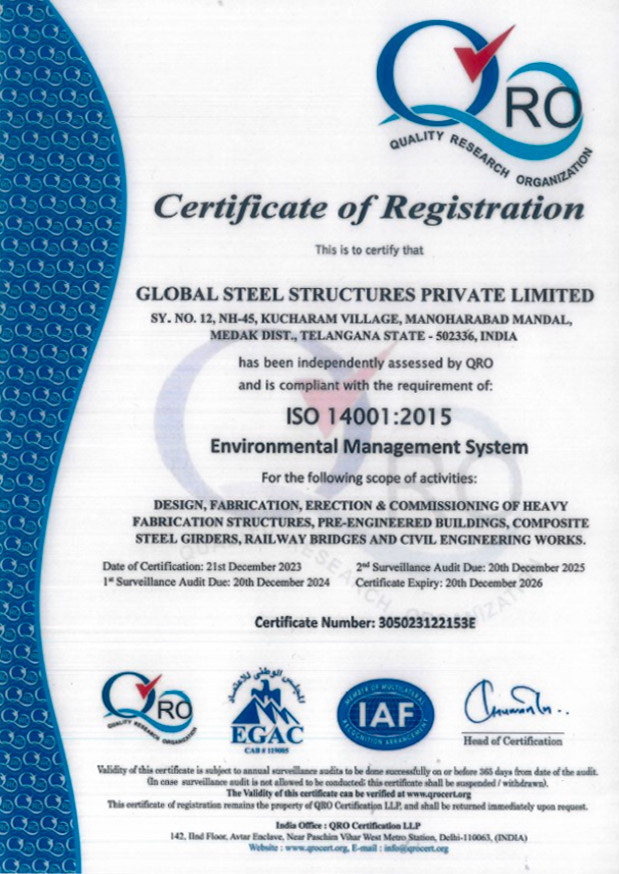 ISO 14001:2015 Environmental Management System Certificate - Global Steel Structures