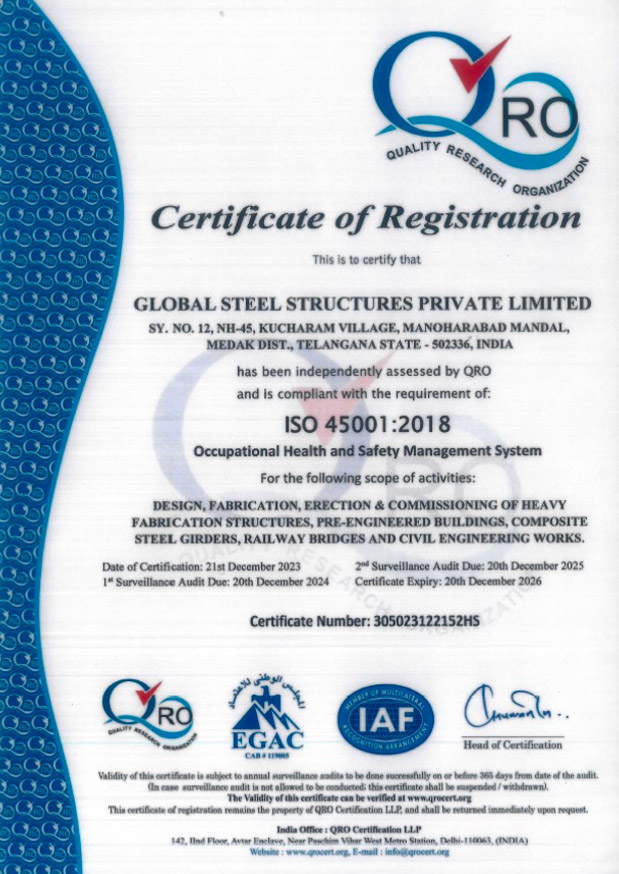 ISO 45001:2018 Occupational Health and Safety Management System Certificate - Global Steel Structures